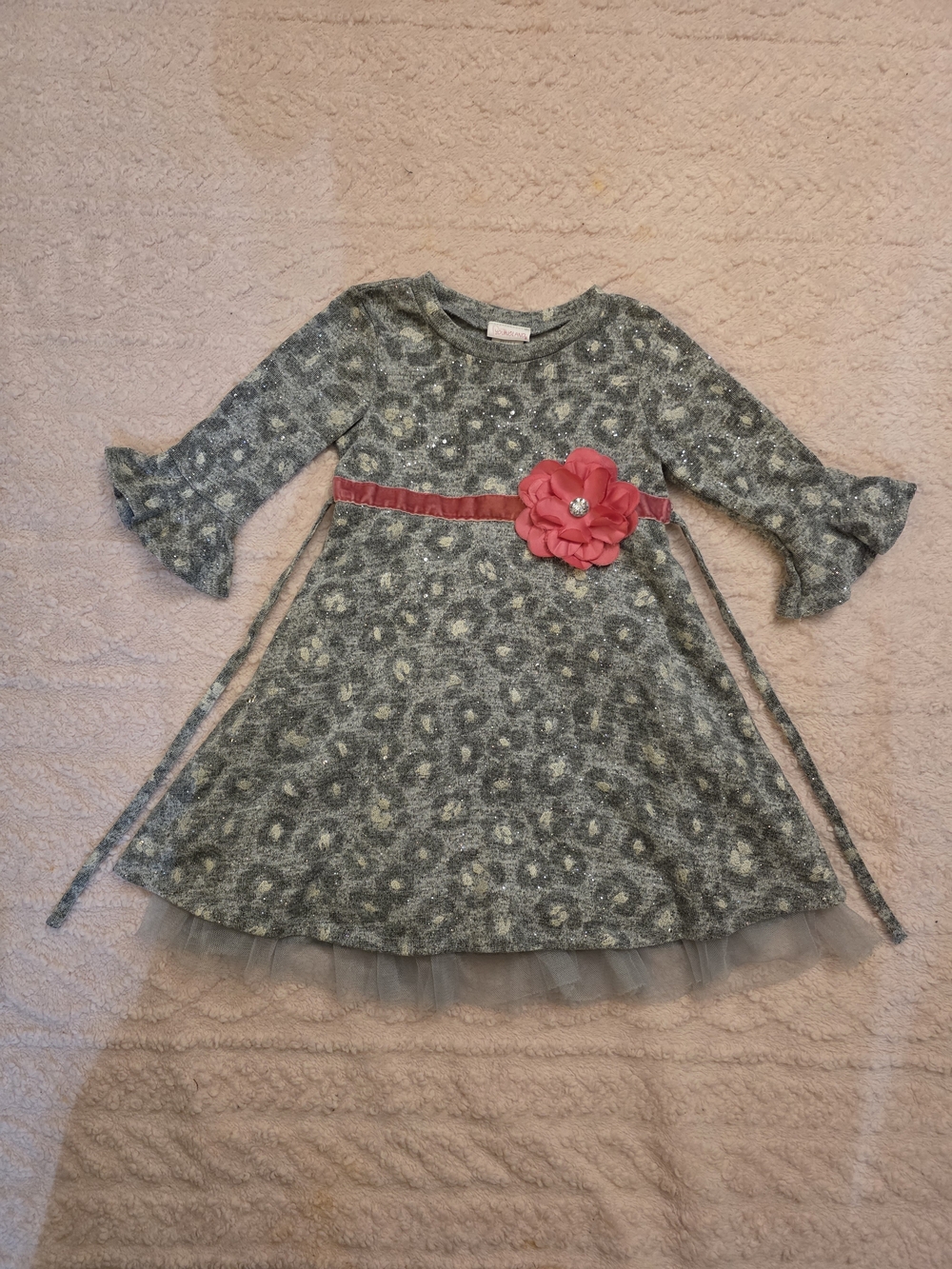 Youngland Gray Leopard Print Dress with Pink Flower Sash